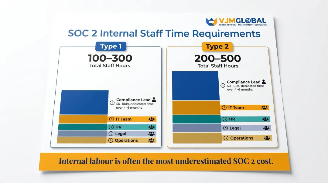 SOC 2 internal labour hours breakdown by role and audit type comparison