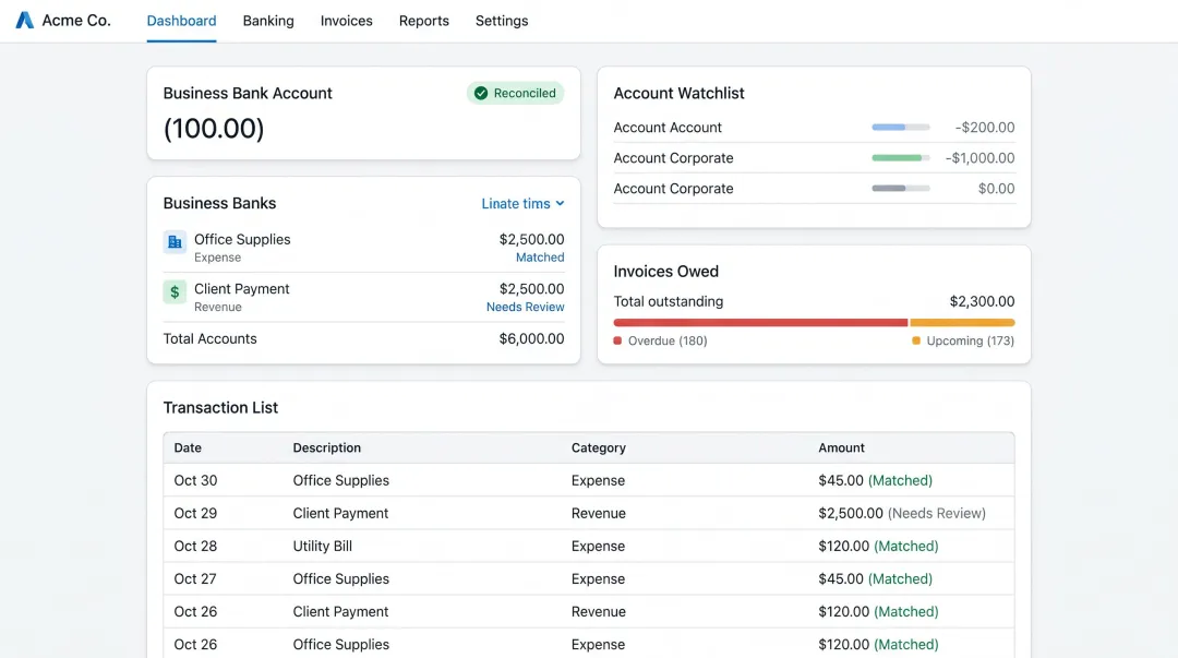 Xero and QuickBooks cloud accounting dashboard interface for SME bookkeeping