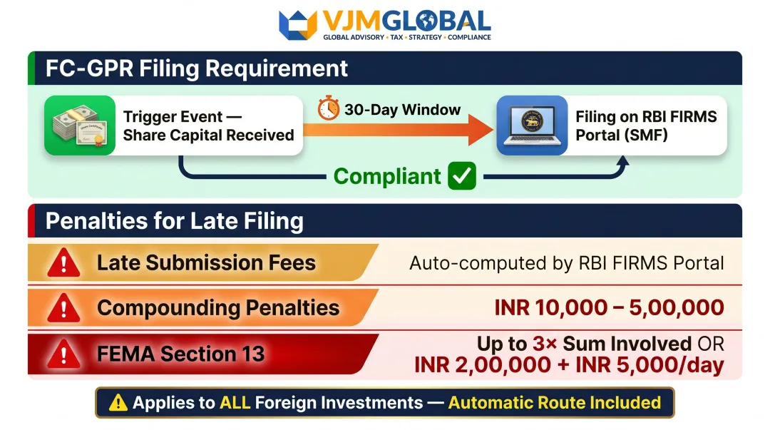 FC-GPR filing deadline rules penalties and FEMA compliance requirements for FDI infographic