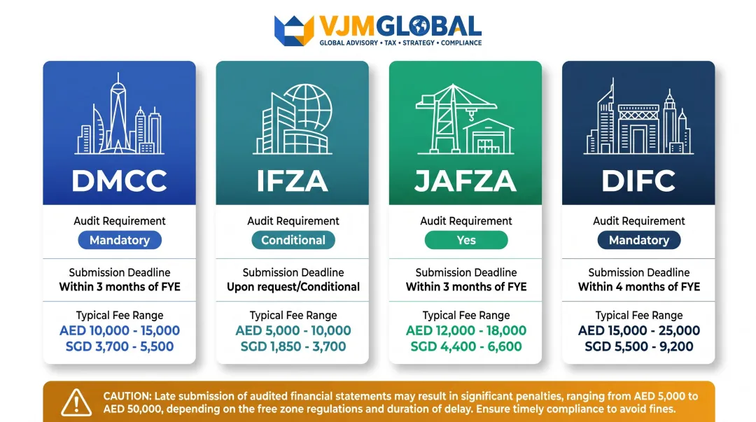 UAE free zone mandatory audit requirements comparison for DMCC IFZA JAFZA and DIFC