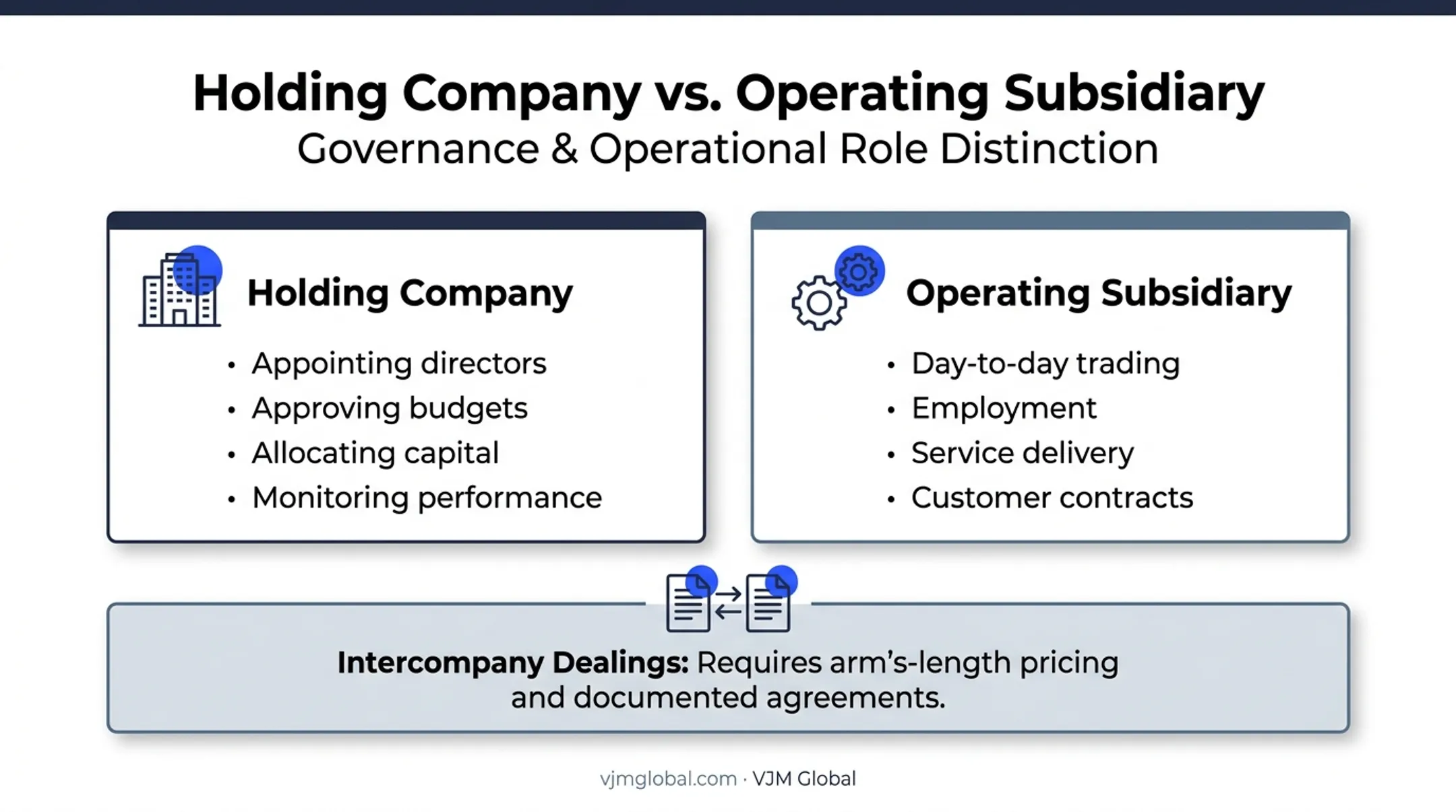 Holding company versus operating subsidiary roles and responsibilities comparison chart