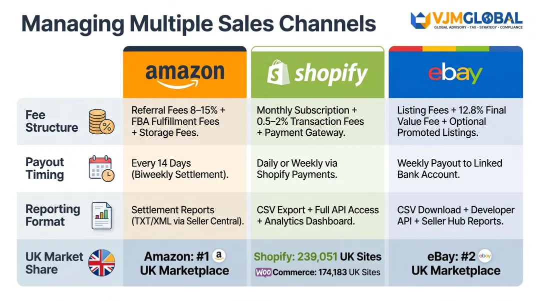 UK ecommerce multi-channel complexity showing platform fees payout timing and reporting formats