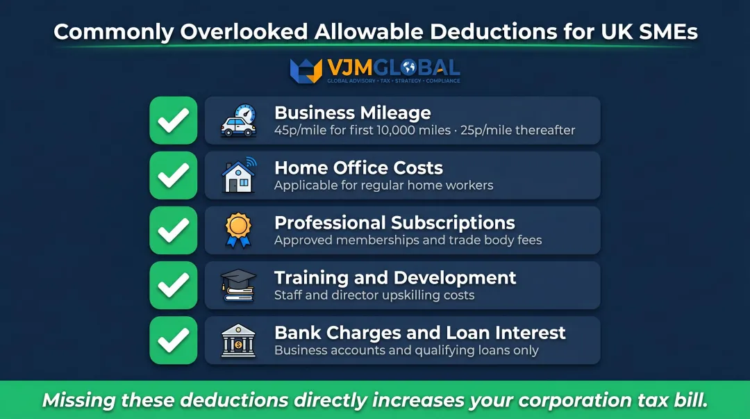Five commonly overlooked SME tax deductions checklist infographic for UK businesses
