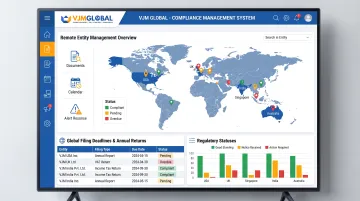 VJM Global compliance dashboard tracking international filing deadlines and statutory documents