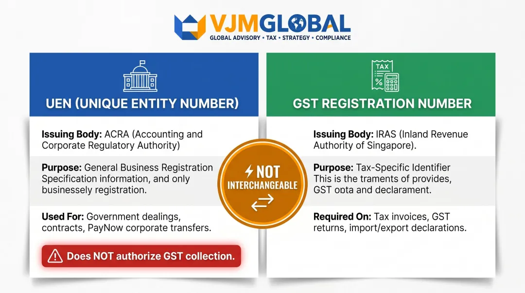 UEN versus GST Registration Number two-column comparison infographic Singapore