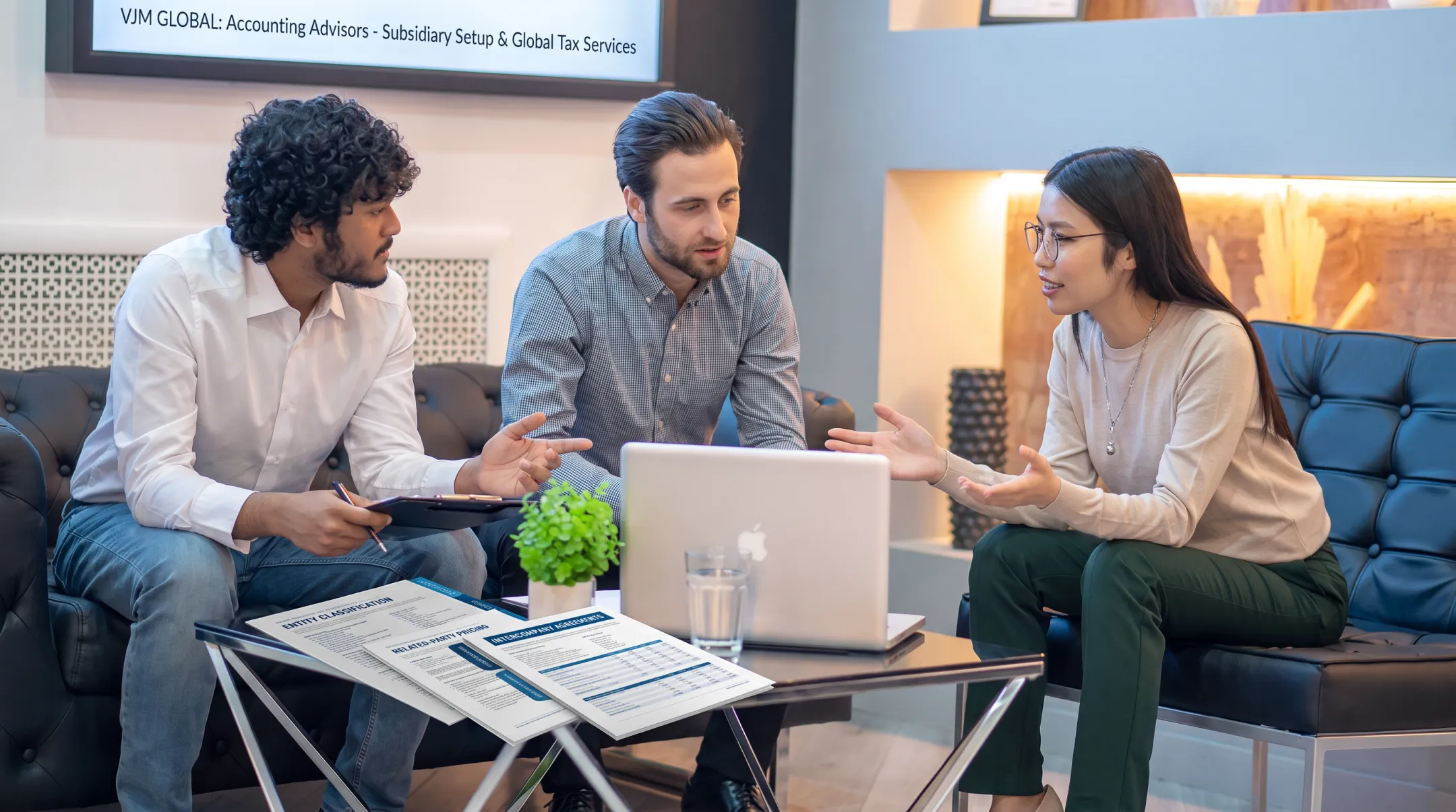 Accounting advisors reviewing subsidiary setup and intercompany agreements