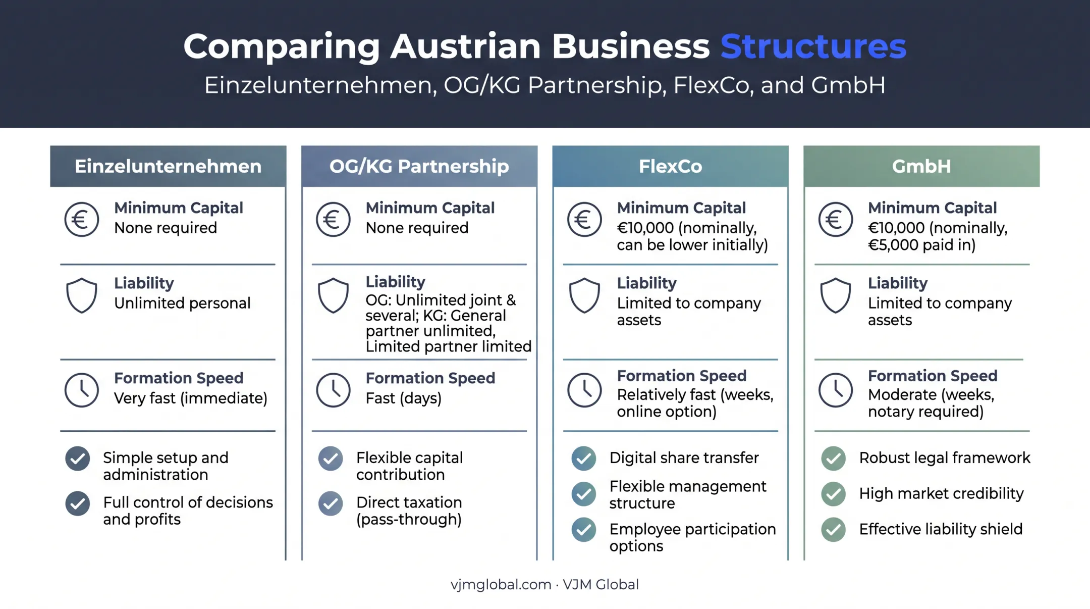 Austrian business structure comparison GmbH FlexCo sole proprietorship partnership