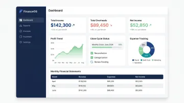 Startup virtual bookkeeping dashboard displaying monthly close cycle financial statements