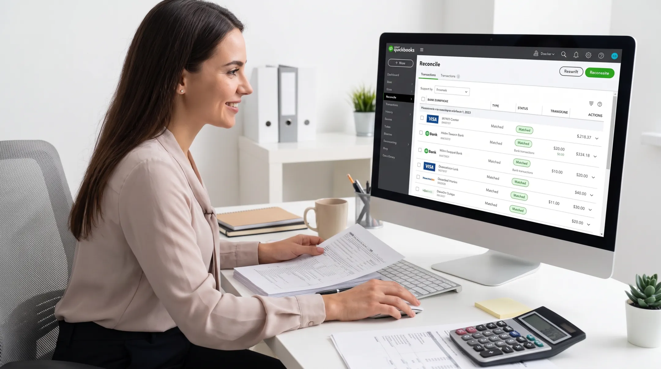 Bookkeeper reconciling business accounts using QuickBooks and Xero software
