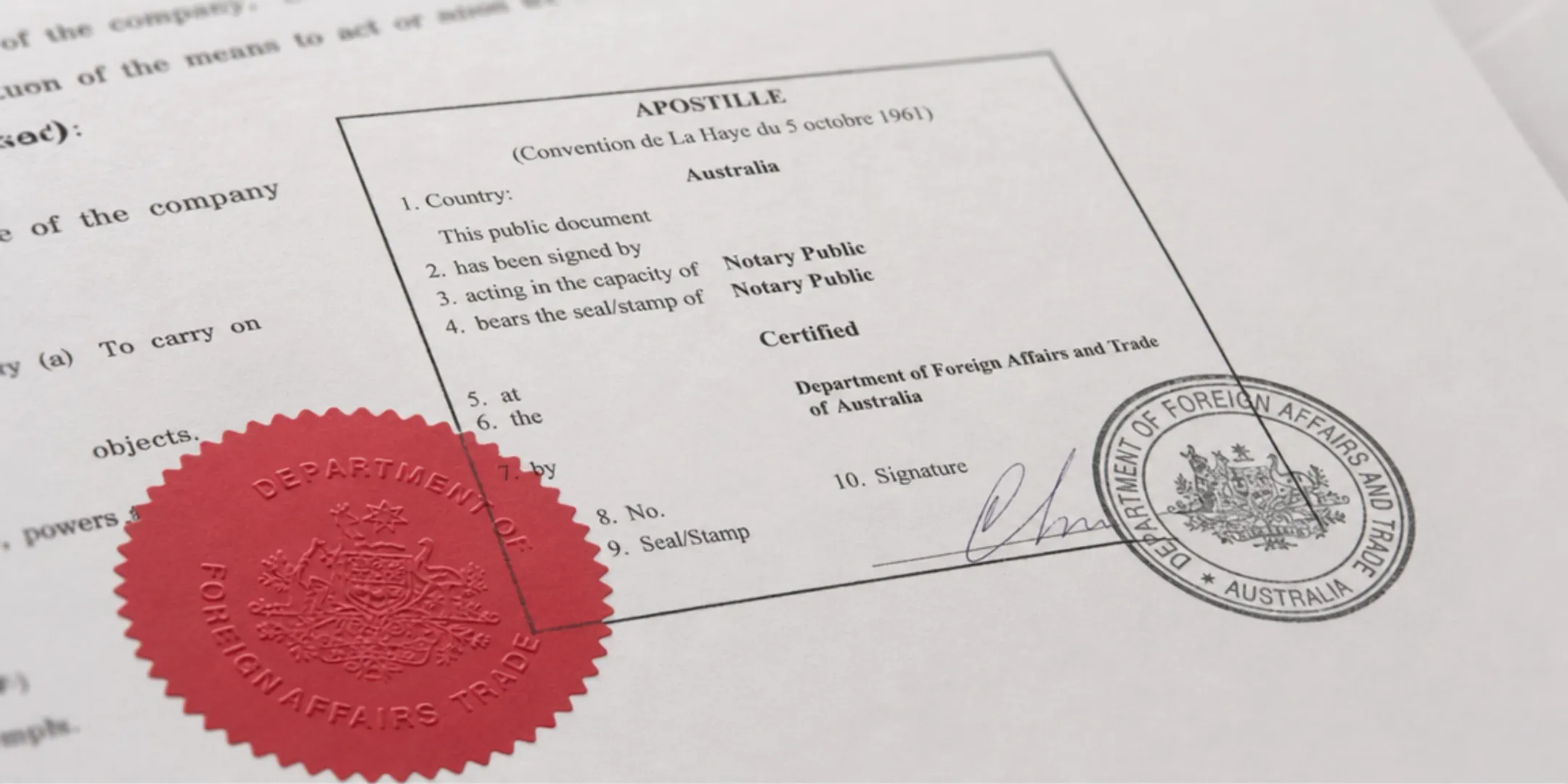 Apostille stamp on official corporate document for international use