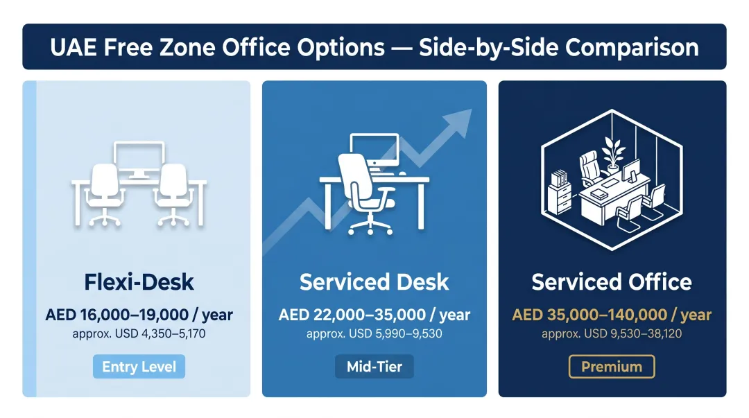 UAE free zone office space options and annual cost ranges comparison infographic