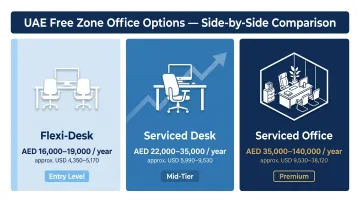 UAE free zone office space options and annual cost ranges comparison infographic