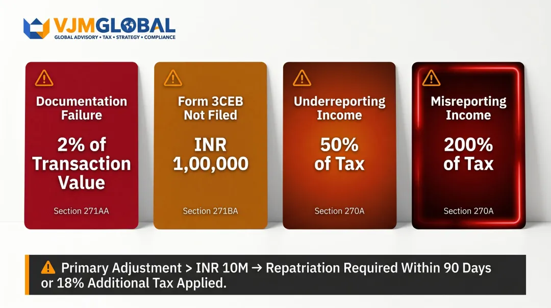 India transfer pricing penalty structure showing violation types tax percentages and transaction value penalties