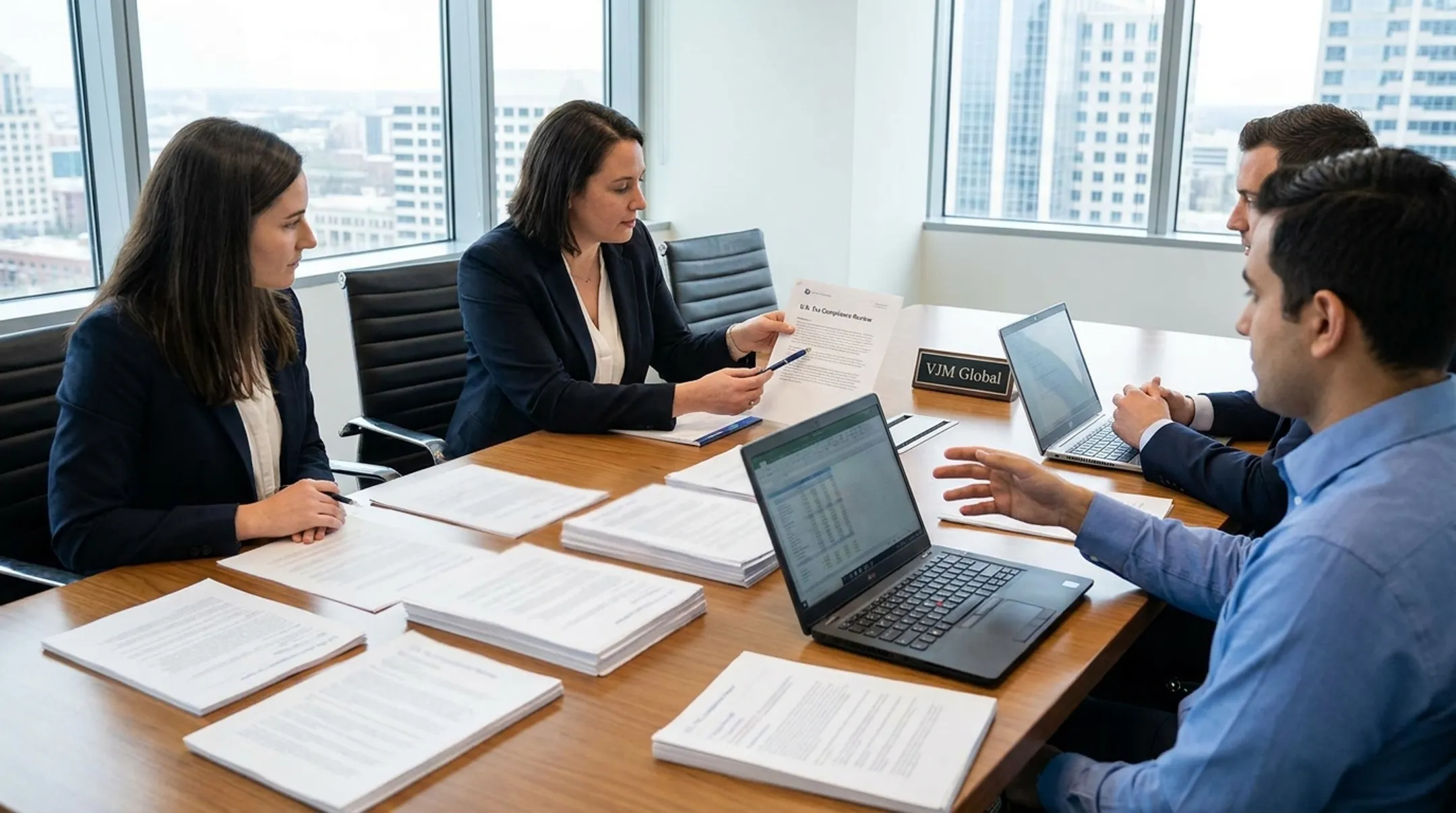 International tax advisors reviewing business compliance records