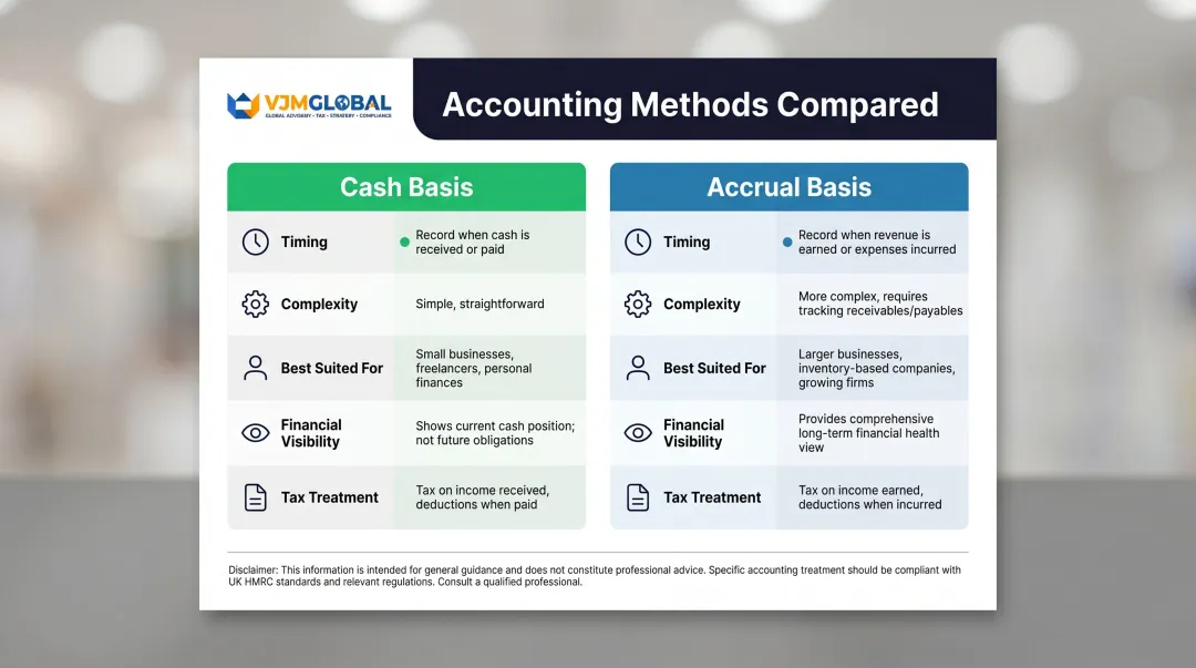Cash basis versus accrual accounting side-by-side comparison infographic for UK businesses