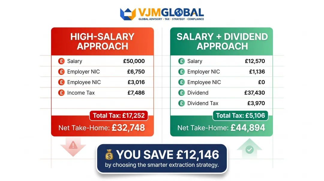 High salary versus salary plus dividends take-home pay comparison showing 12000 pound difference