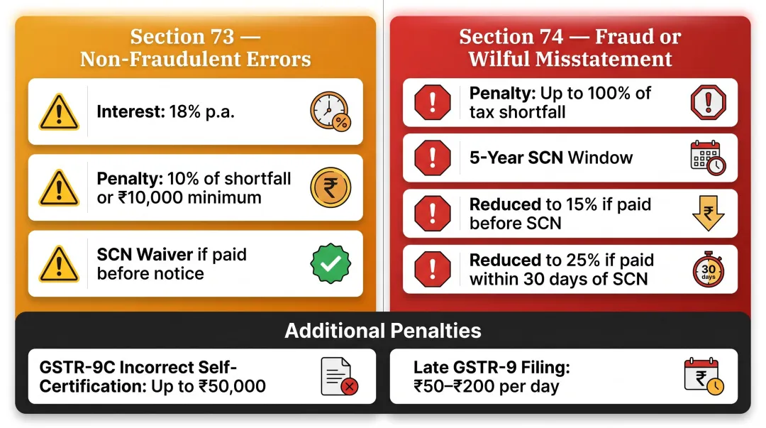 India GST penalty structure comparison Section 73 non-fraud versus Section 74 fraud violations