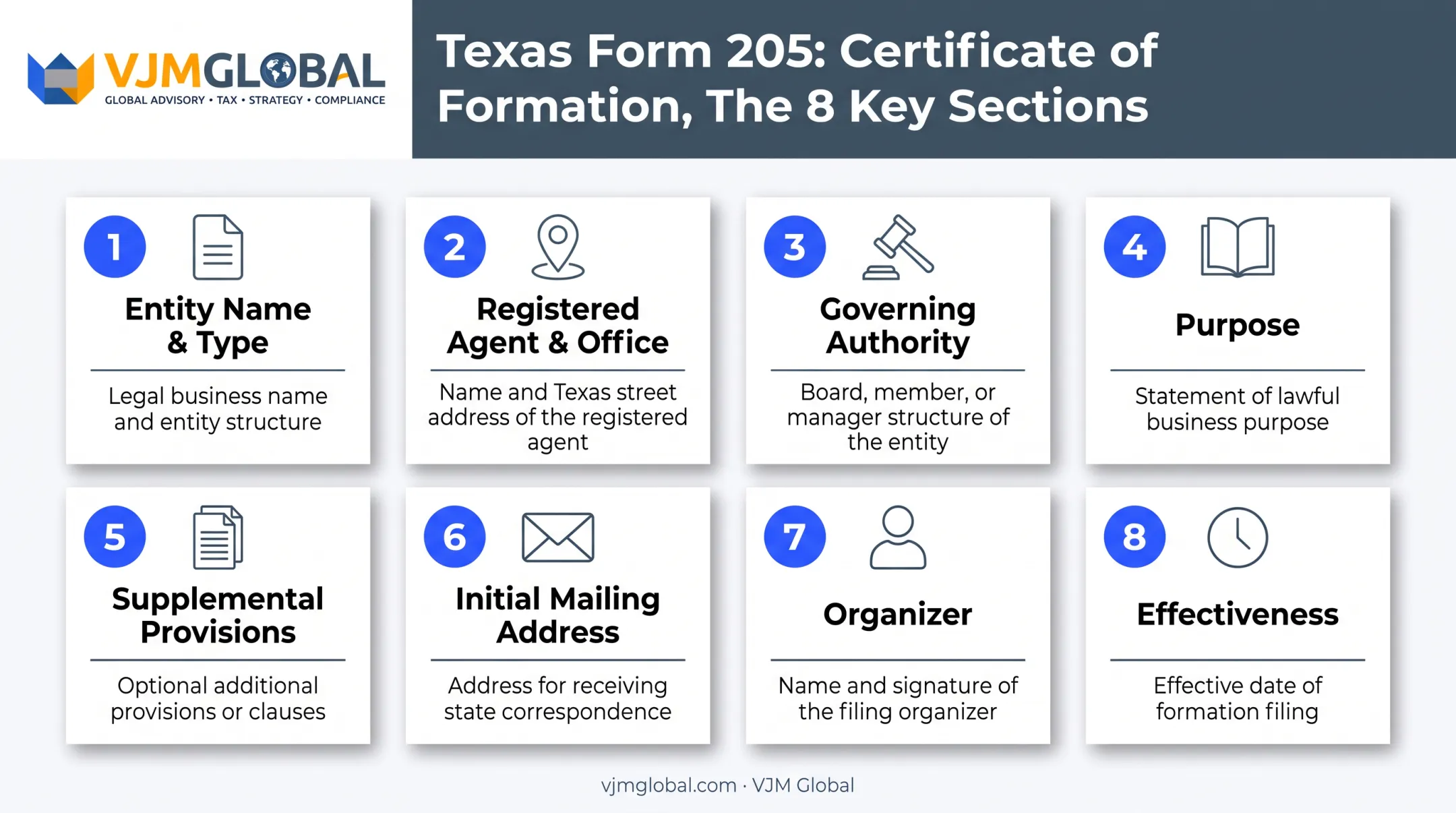 Texas Form 205 eight-section certificate of formation structure breakdown
