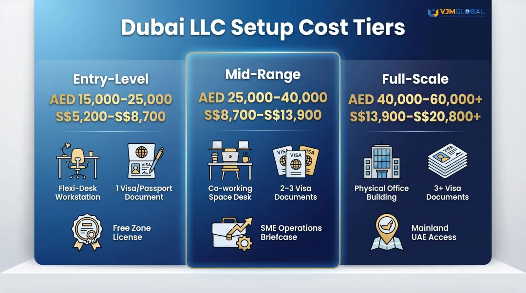 Three-tier Dubai LLC setup cost comparison for Singapore entrepreneurs infographic