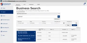 Pennsylvania business entity search portal showing name lookup interface