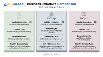 LLC versus C-Corp versus S-Corp structure comparison across liability taxation and ownership