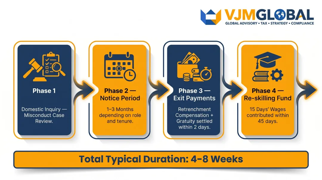 India employee termination process timeline showing retrenchment notice and compensation steps