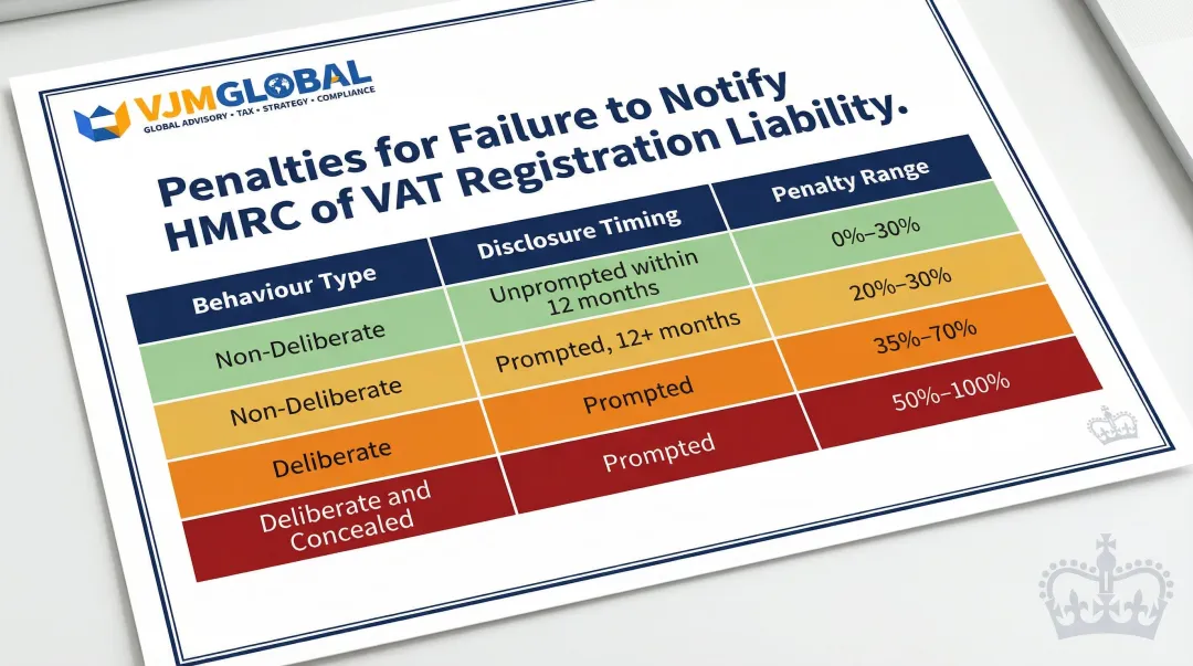 UK VAT failure to notify penalty ranges by behaviour type and disclosure timing