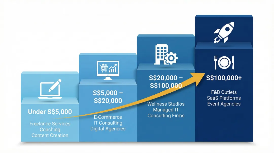 Singapore startup budget tiers from S$5000 to S$100000 plus with business type examples