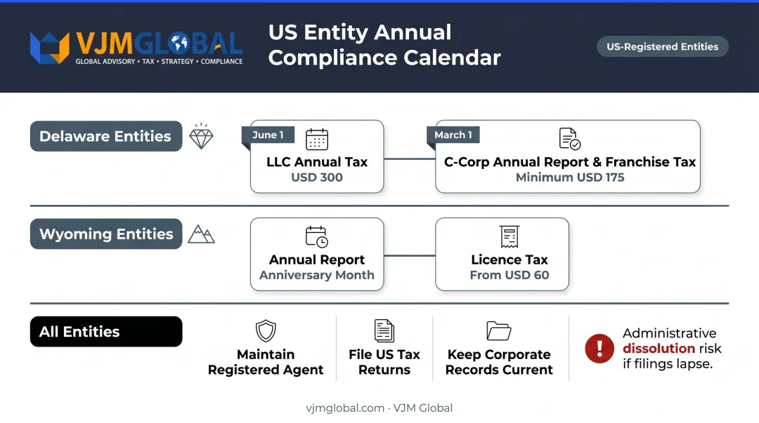 US ongoing compliance obligations timeline for Delaware and Wyoming business entities