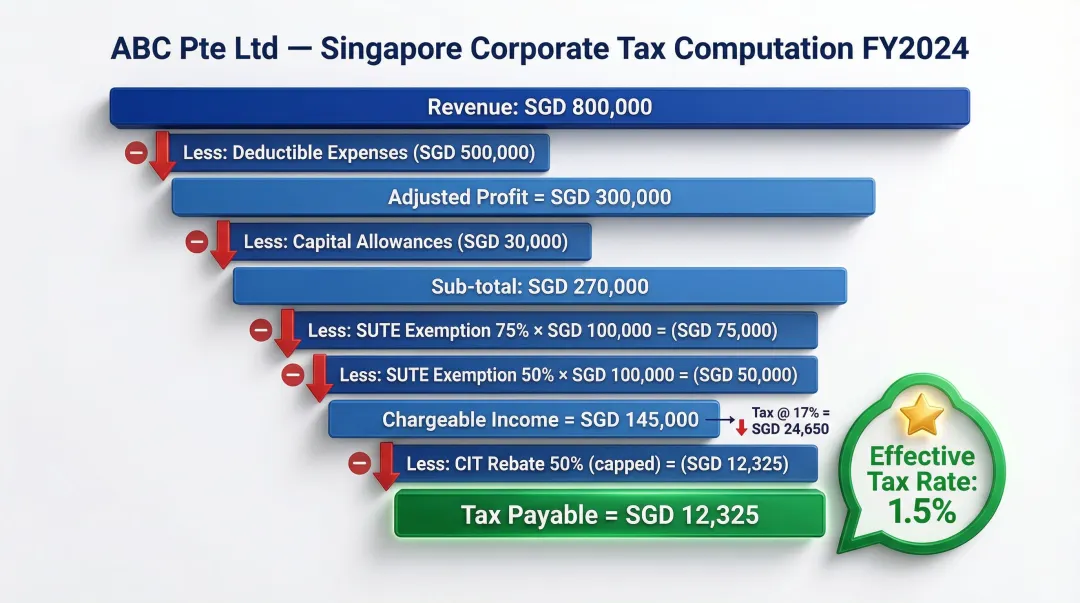 Singapore startup effective tax rate calculation waterfall chart from revenue to tax payable