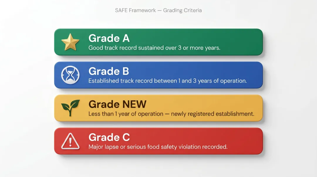 Singapore SAFE framework four food establishment grades criteria and track record requirements