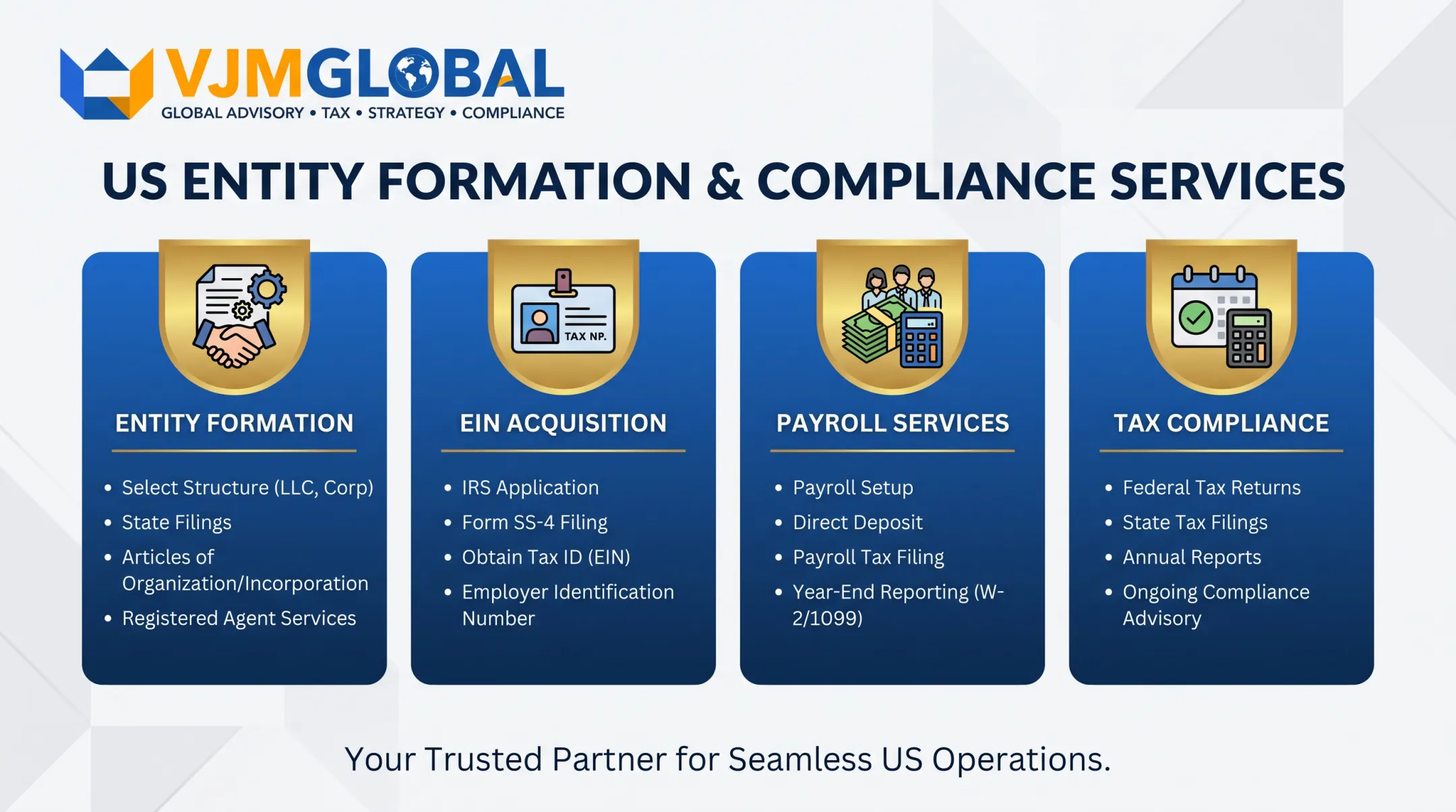 VJM Global US entity formation and compliance services overview dashboard