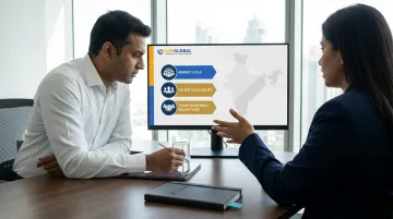 UAE investor reviewing India market opportunity data on digital dashboard screen
