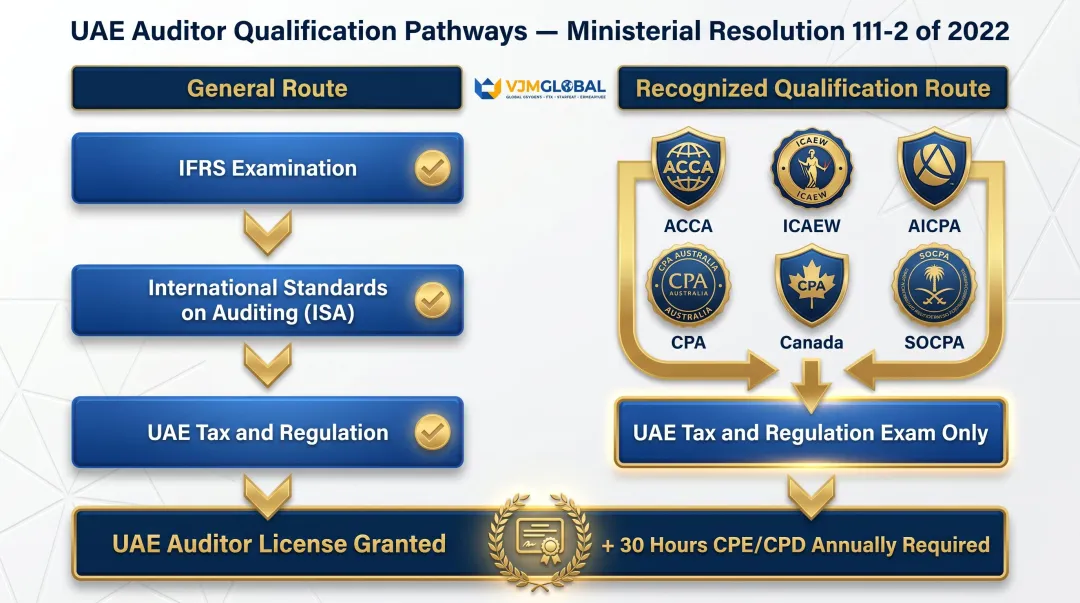 Two-path UAE auditor qualification process for accounting professionals infographic