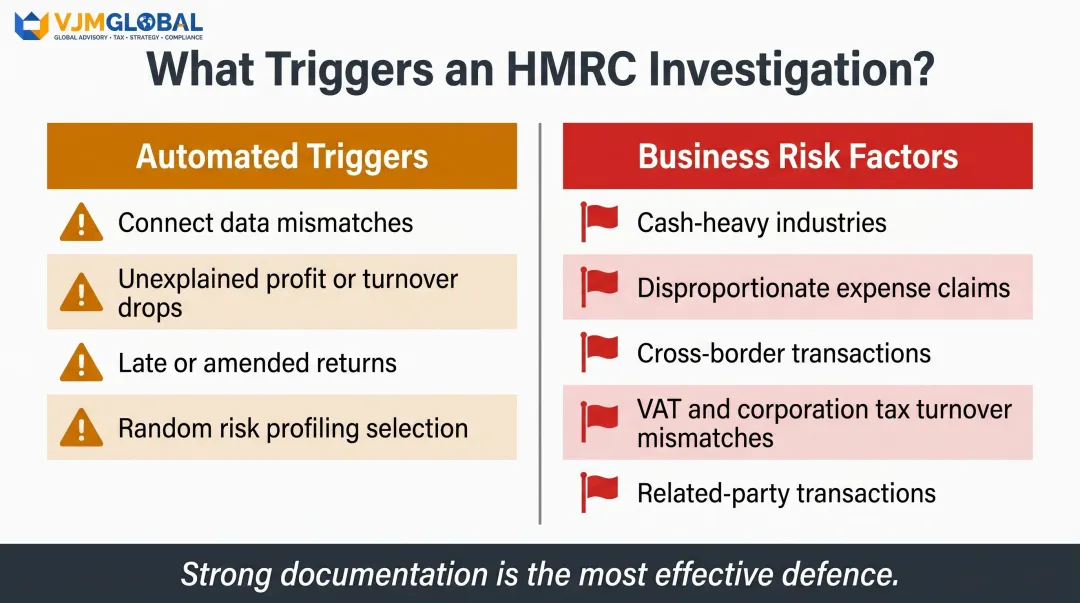 Common HMRC investigation triggers risk factors checklist infographic for UK businesses