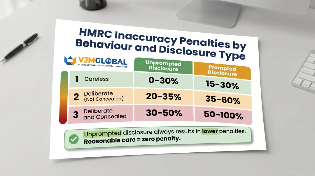 UK tax inaccuracy penalty rates by behaviour type and disclosure comparison chart