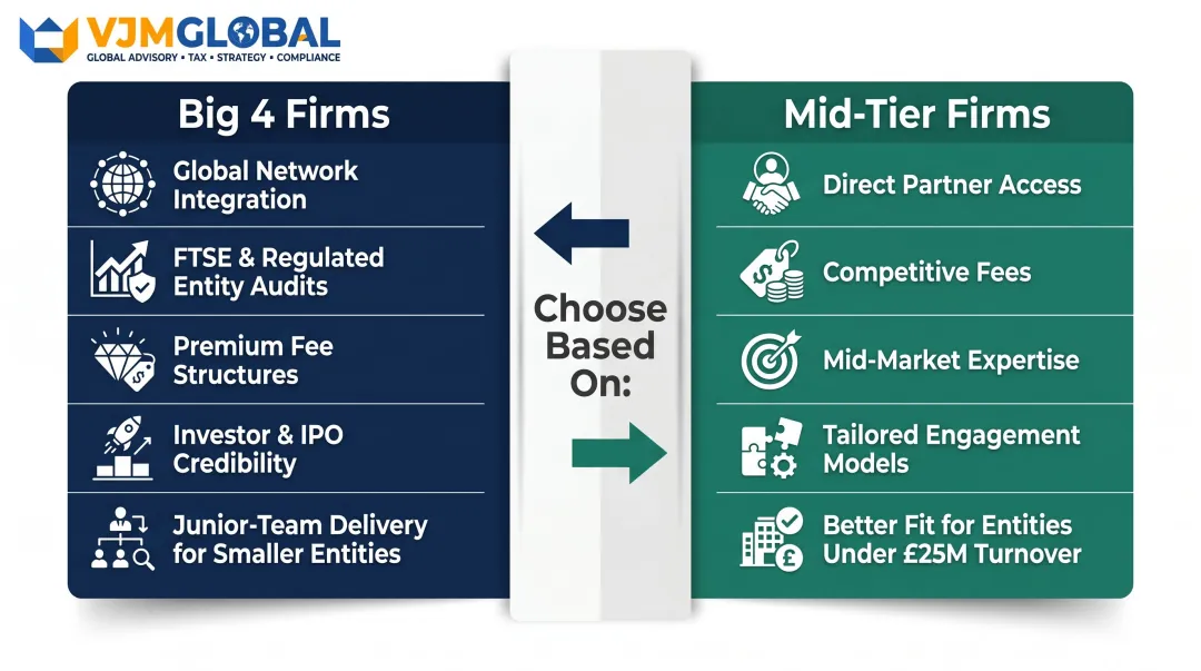 Big 4 versus mid-tier UK audit firm comparison key decision factors for Singapore businesses