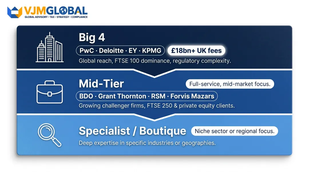 UK audit market three-tier hierarchy Big 4 mid-tier and boutique firms