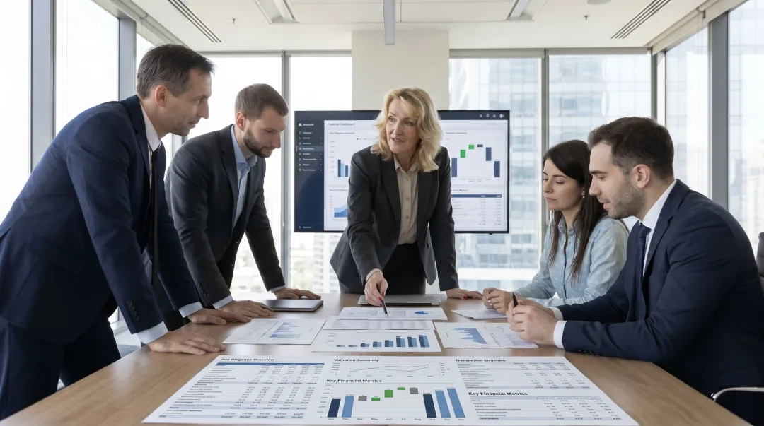 EY transaction advisory team reviewing cross-border M&amp;A deal documents in office