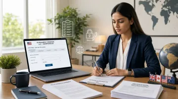 International founder reviewing US business formation documents remotely on laptop