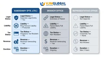 Singapore subsidiary versus branch versus representative office comparison infographic