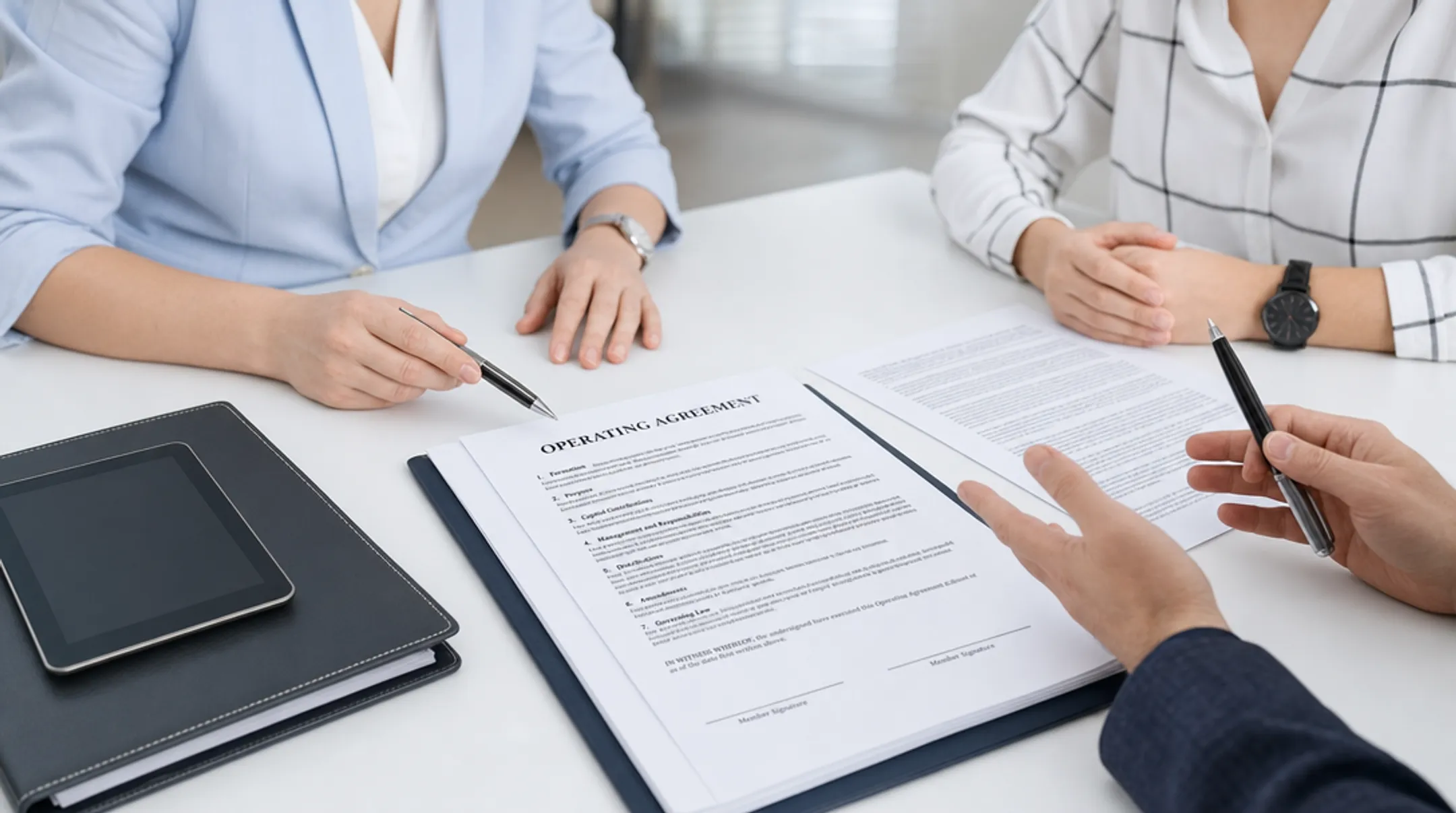 Business owners reviewing LLC operating agreement document together at desk