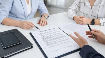 Business owners reviewing LLC operating agreement document together at desk