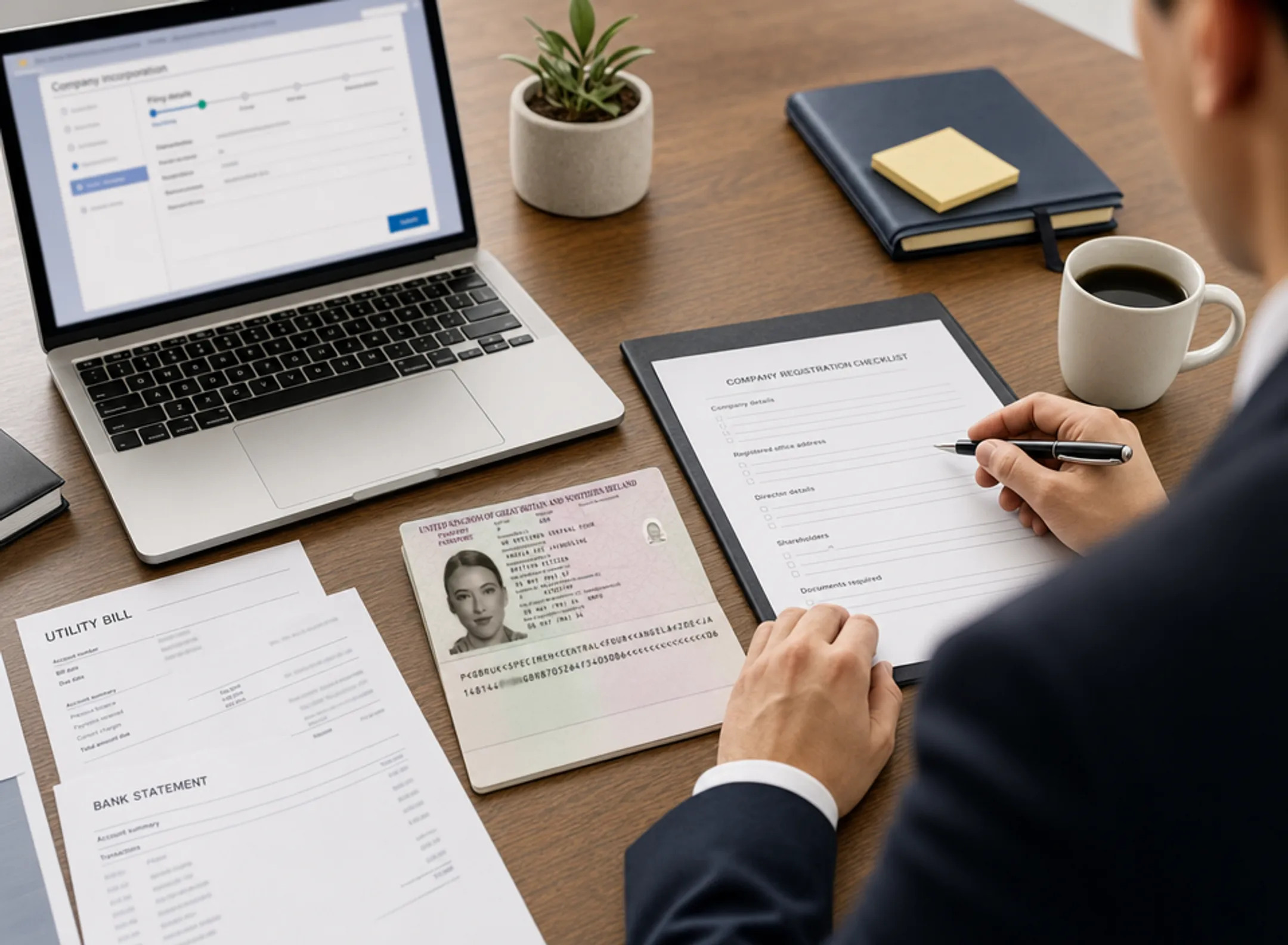 UK entrepreneur reviewing business documents and passport for overseas registration