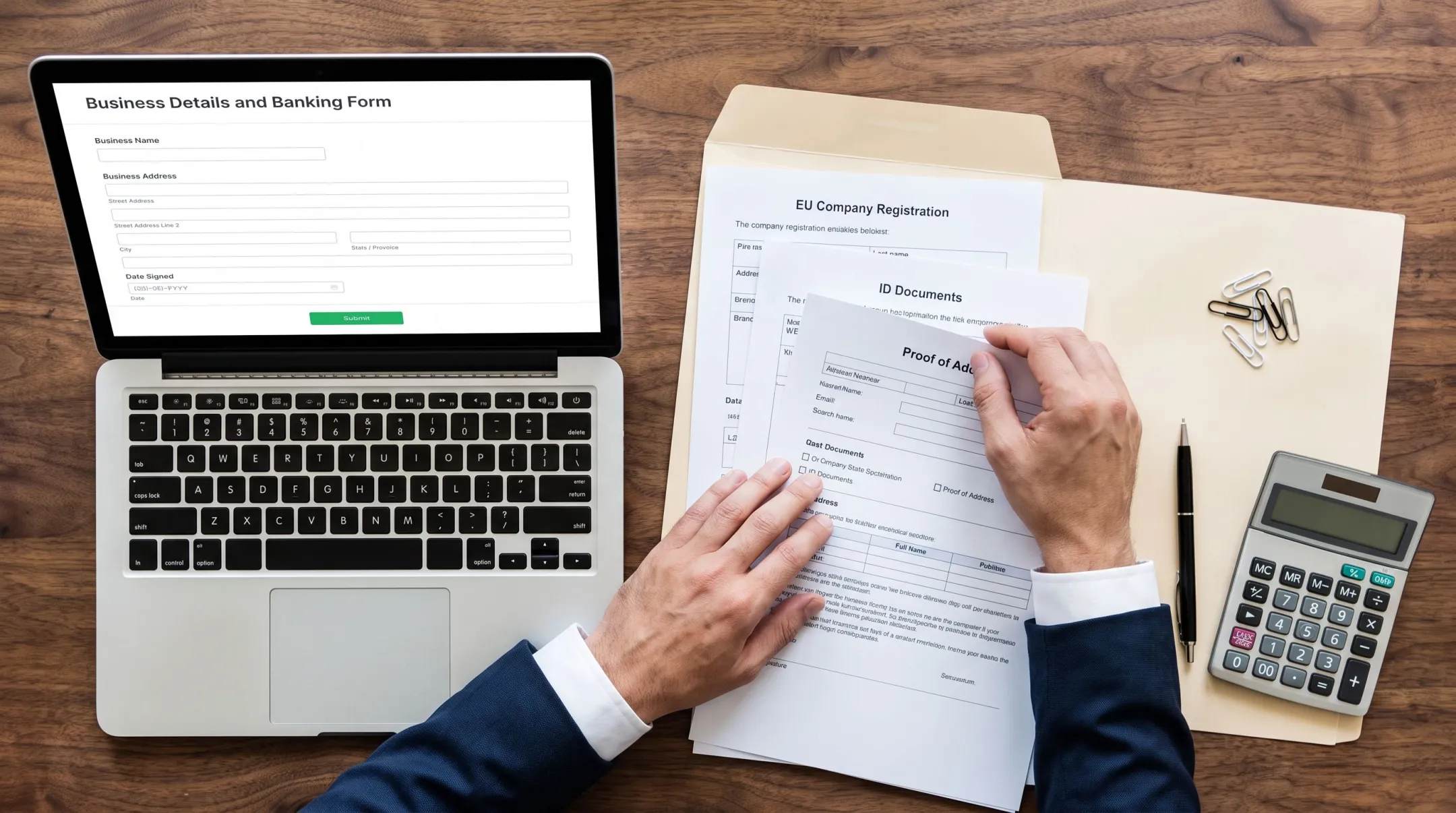 Business owner completing bank account application documents with laptop