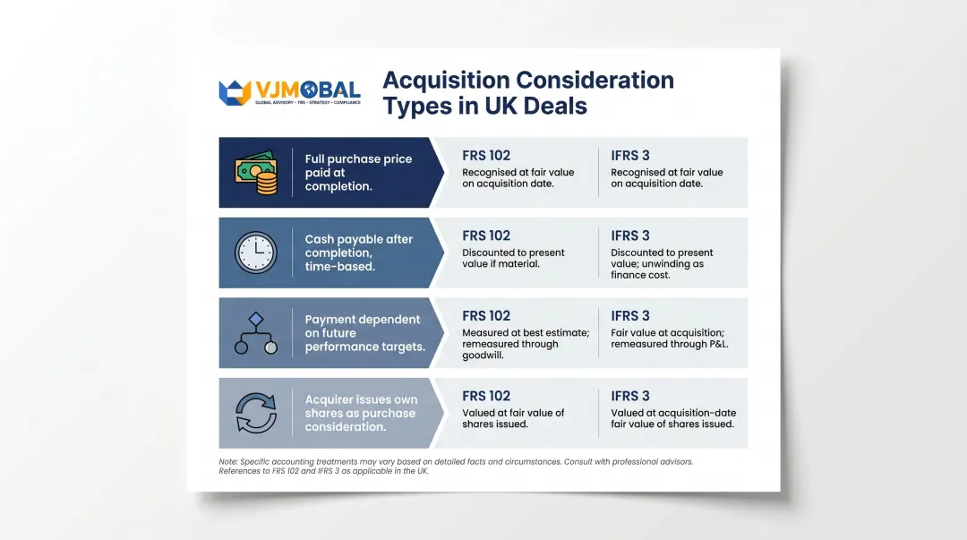 Four acquisition consideration types UK accounting treatment comparison infographic