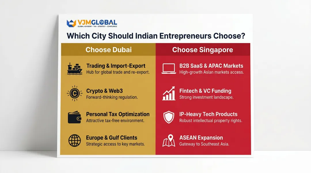 Dubai versus Singapore business scenario decision guide for Indian founders infographic