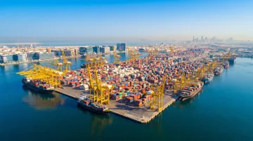 Dubai free zone business district skyline with modern commercial towers and port infrastructure