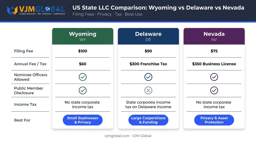 Wyoming Delaware Nevada LLC formation costs and features comparison chart