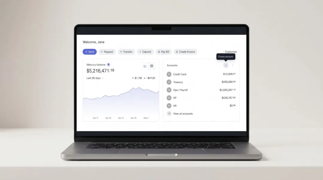 Mercury digital business bank account dashboard interface for non-resident founders